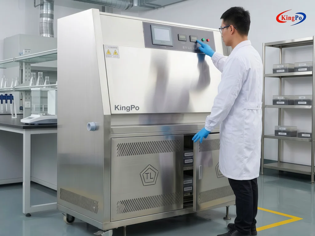 UV Test Chambers – KingPo Interior View with 48 Specimen Holders (75×150 mm) and UV Lamps for Precise Aging Resistance Testing per ASTM D4587 and SAE J2020