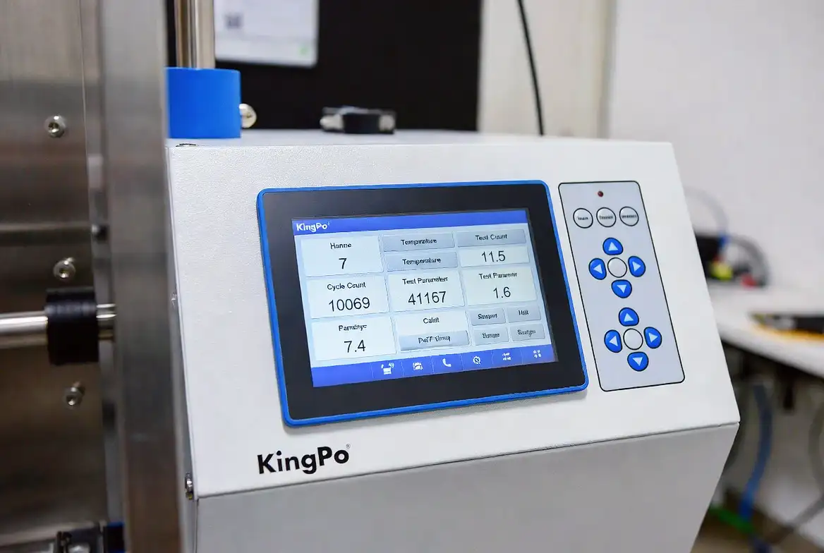 Close-up of KingPo water splash test chamber touchscreen and control interface.