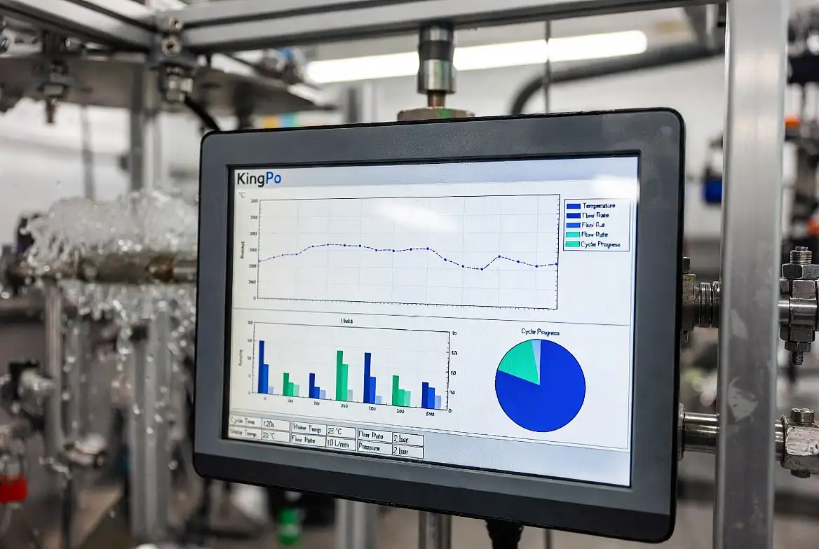 Real-time data monitoring screen of KingPo water splash test chamber showing test results.