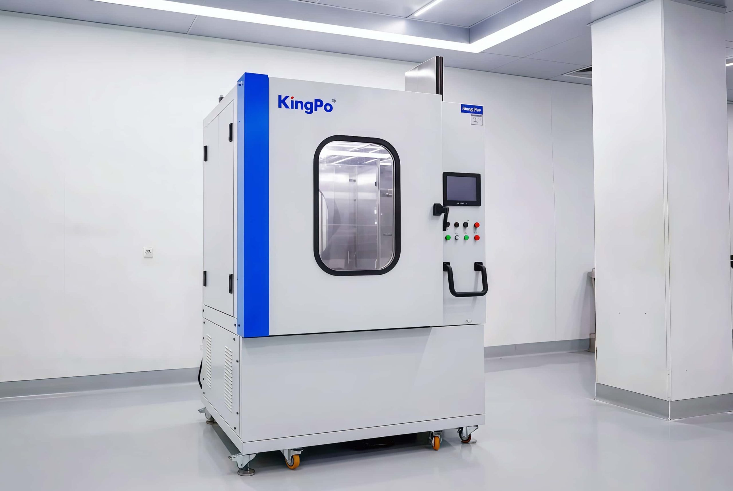 Full view of KingPo ISO 16750-4 water splash test chamber with observation window and branding.