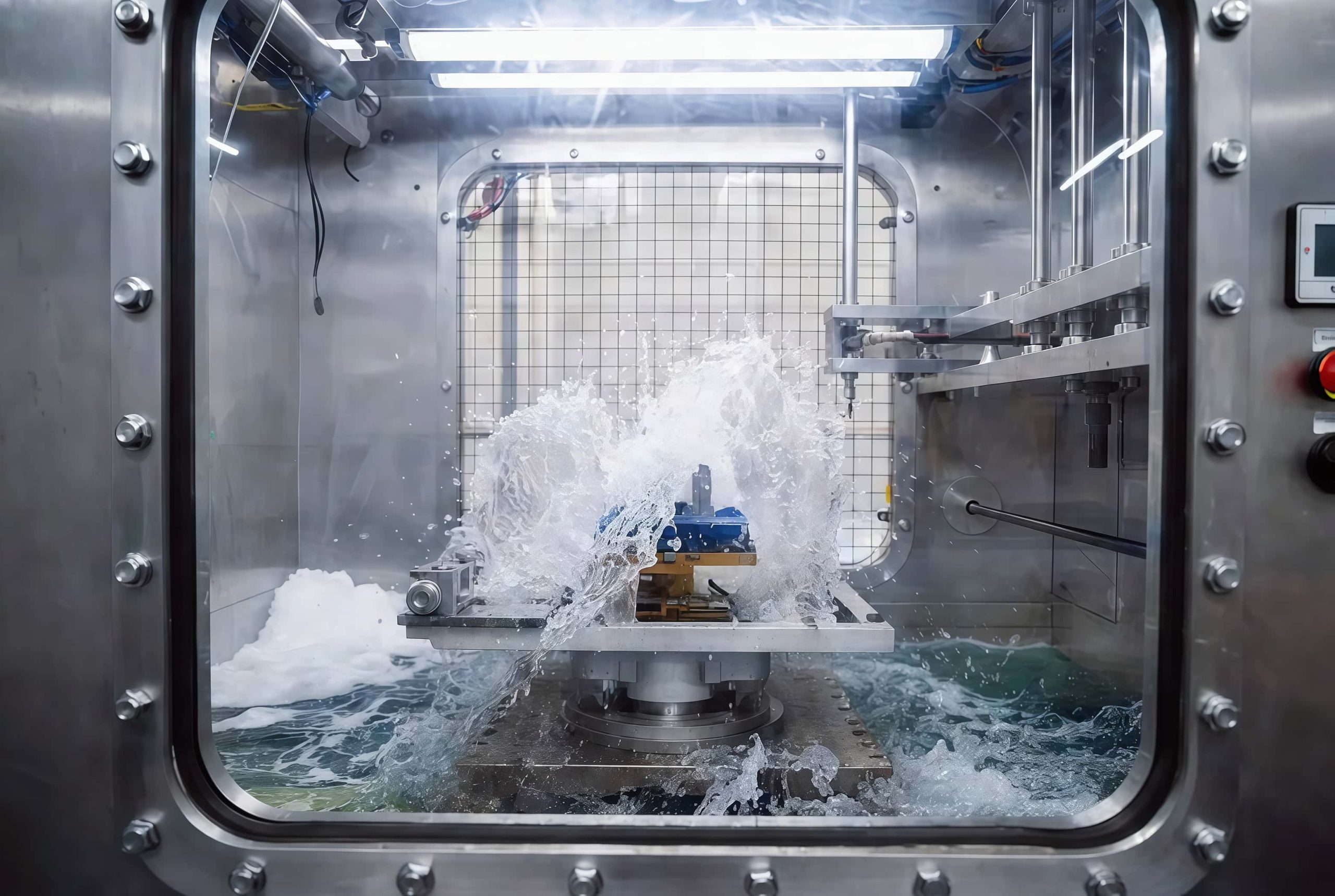 KingPo water splash test chamber during active ice-water splash testing.