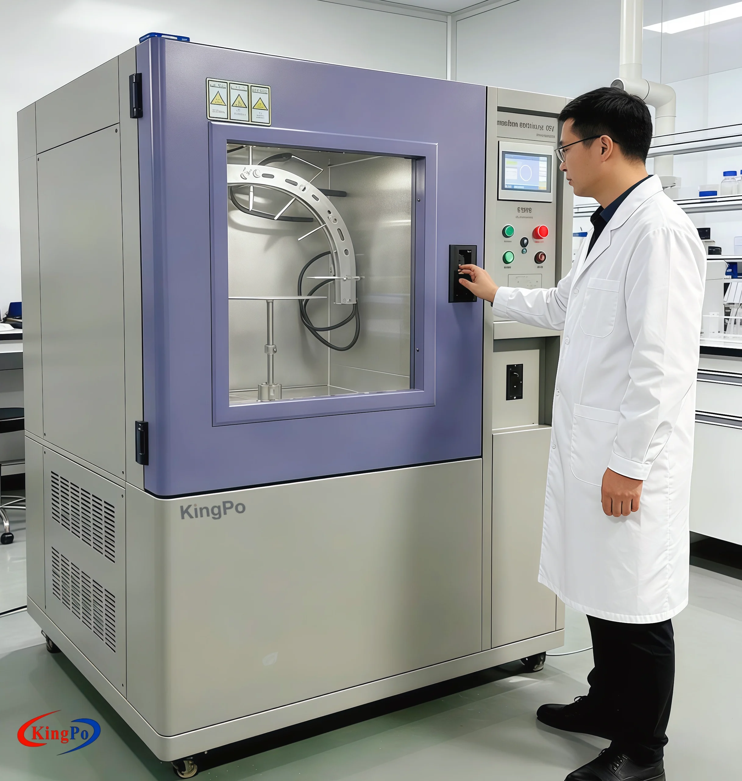 Water Spray Test Chamber – KingPo 4-Angle Nozzles (0° 30° 60° 90°) with Adjustable 100–150 mm Distance for Precise IPX9K Waterproof Testing per IEC 60529