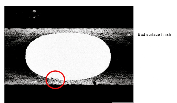 Example of different quality achievements of the surface finish of the fan jet nozzle Bad surface finish