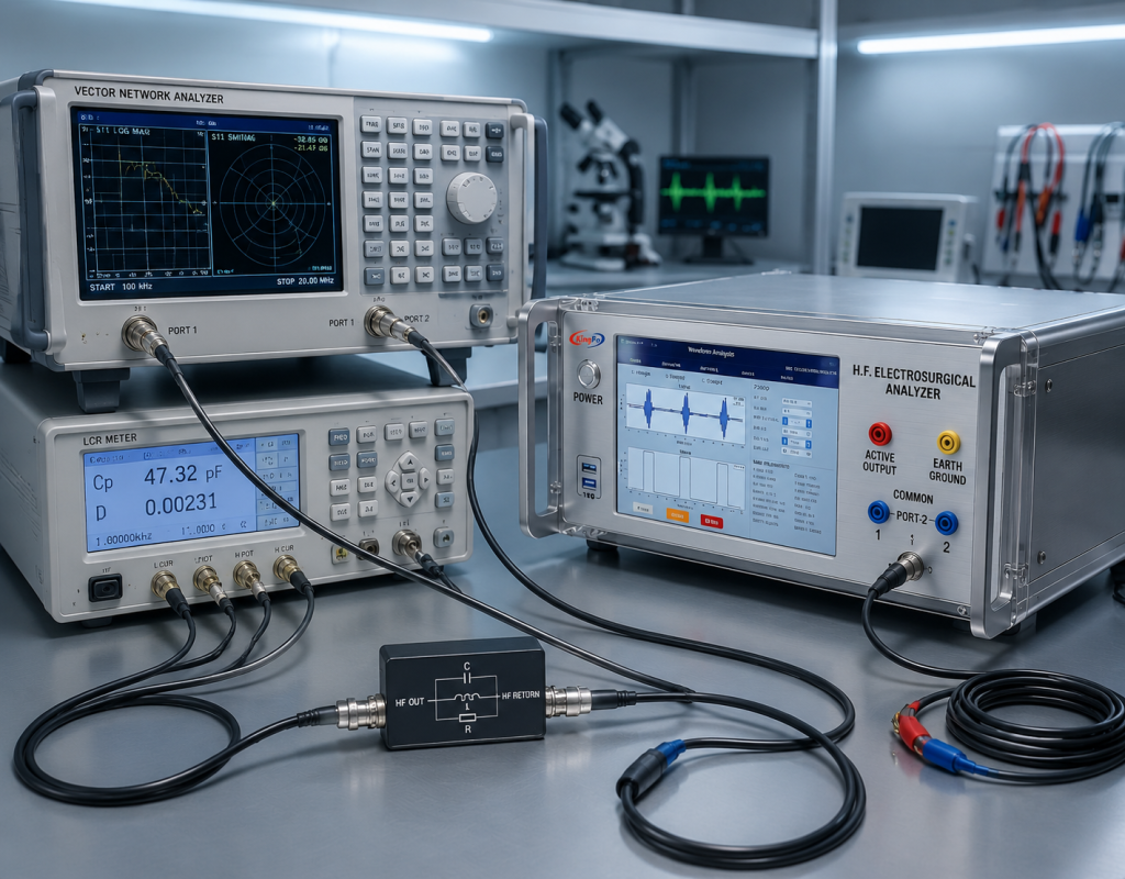 KINGPO KP8850 ESU Analyzer: Dynamic Compensation Breakthrough for High-Frequency Electrosurgical Unit Testing 1 Advanced electronic testing equipment setup.