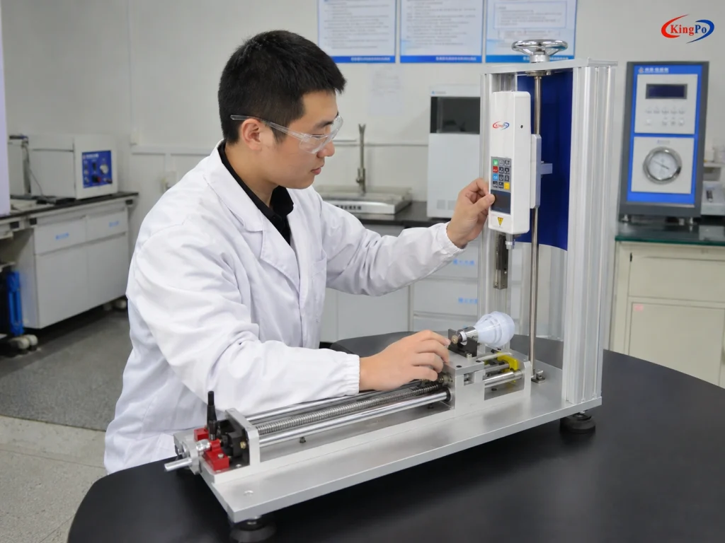 Chinese male laboratory technician operating IEC 60968 Figure 3 lampholder bending moment test equipment in a real laboratory environment