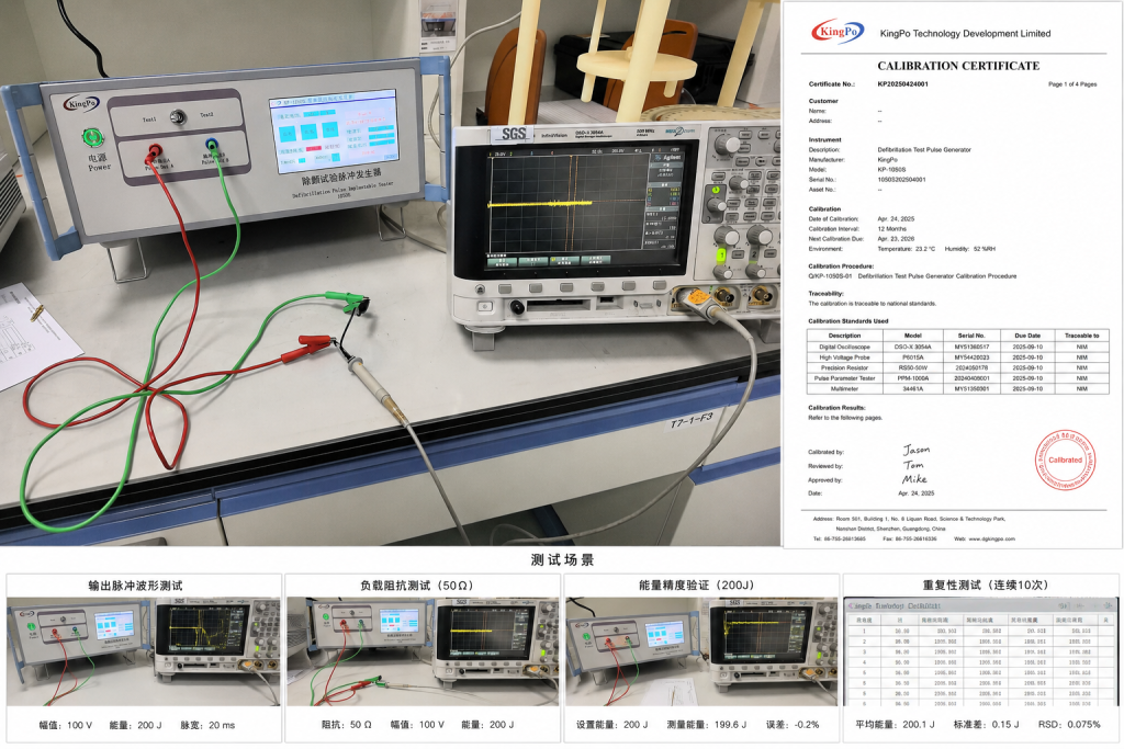 Kingpo Defibrillator Tester & Analyzer 2026 – Key Features Guide | IEC 60601-2-4 Compliant 1 Calibration equipment and certificate displayed.