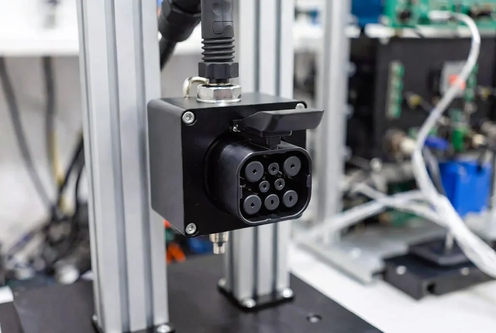 Electronic lock durability testing for EV charging connectors per IEC 62196-1.