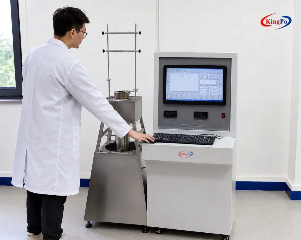 Laboratory technician operating EN ISO 1182 Non-Combustibility Test Apparatus