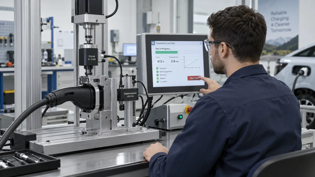 Electronic Lock Testing for EV Charging Connectors under IEC 62196-1:2025 2 EV charging connector electronic lock test in a laboratory