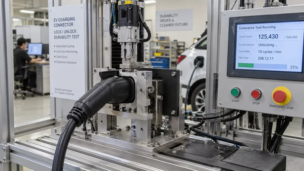 Electronic Lock Testing for EV Charging Connectors under IEC 62196-1:2025 1 EV charging connector electronic lock cycle durability test