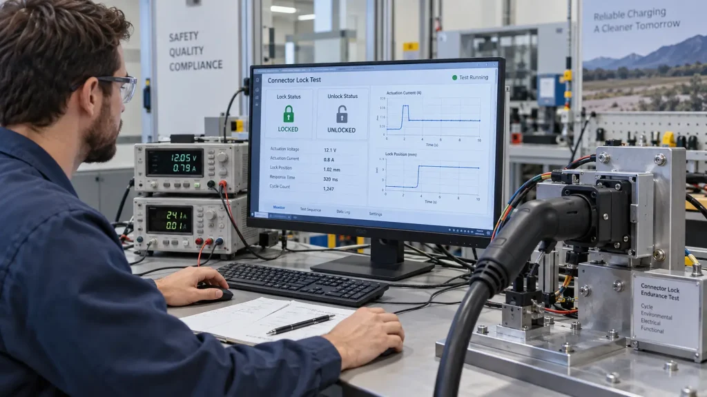 Electronic Lock Testing for EV Charging Connectors under IEC 62196-1:2025 4 EV charging connector lock status feedback test
