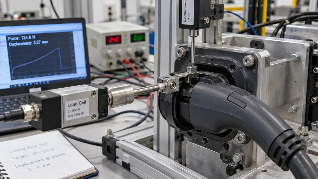 Electronic Lock Testing for EV Charging Connectors under IEC 62196-1:2025 3 EV connector locking force and displacement test setup