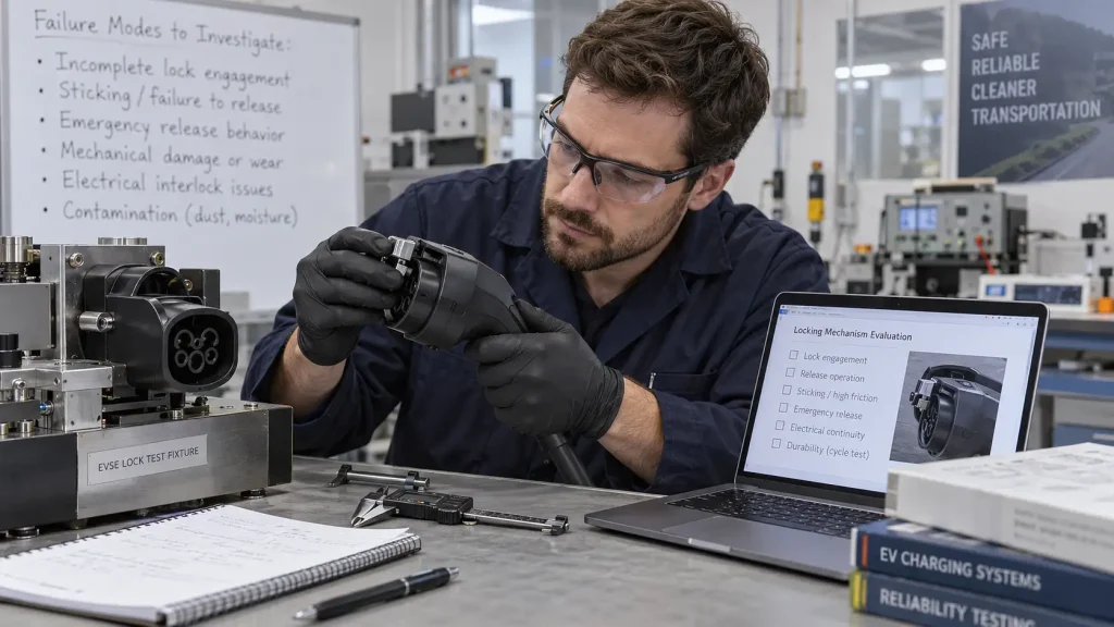 Electronic Lock Testing for EV Charging Connectors under IEC 62196-1:2025 5 EV charging connector locking mechanism inspection