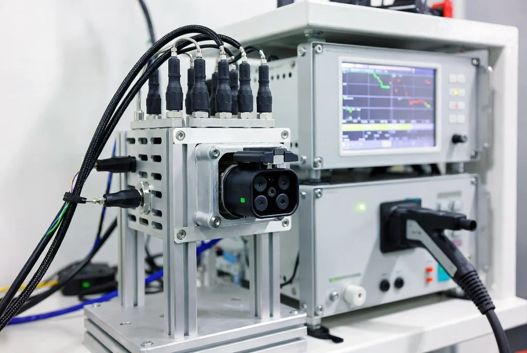 Electronic lock durability testing for EV charging connectors per IEC 62196-1.