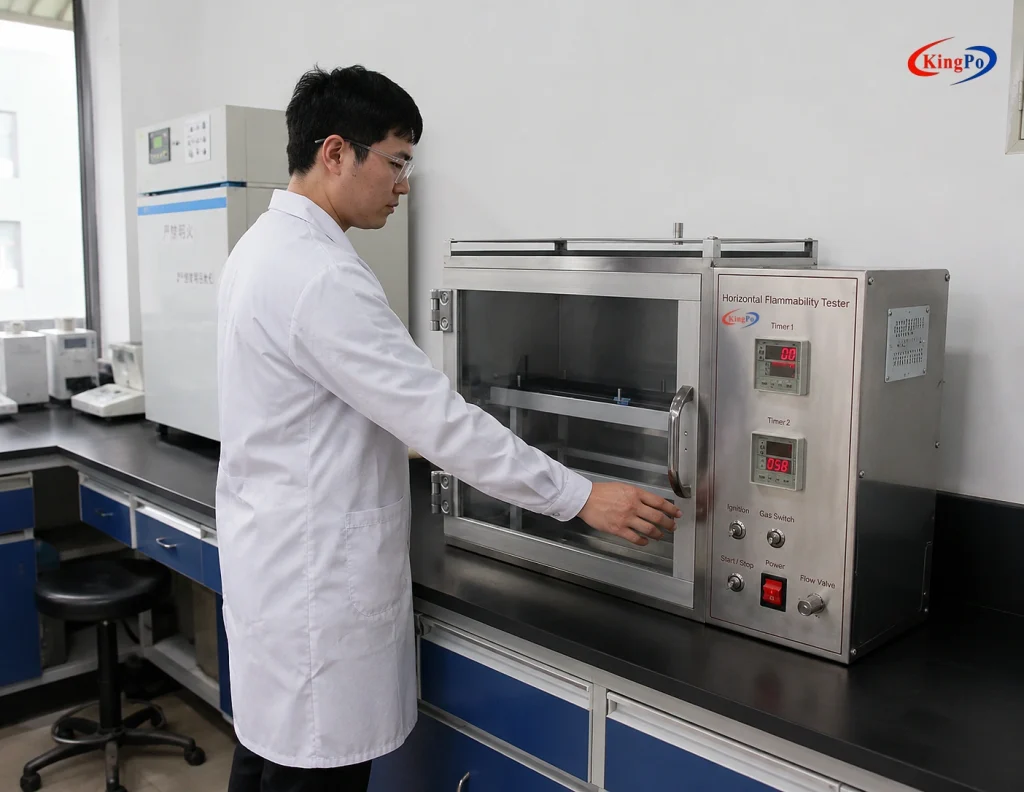 Laboratory technician performing FMVSS 302 horizontal flammability testing