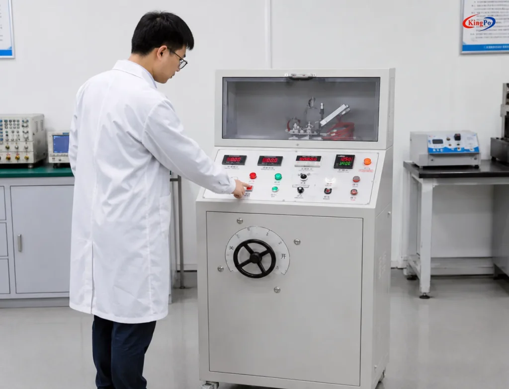Chinese male technician operating a High Current Arc Ignition Tester in a laboratory for UL 746A HAI testing.