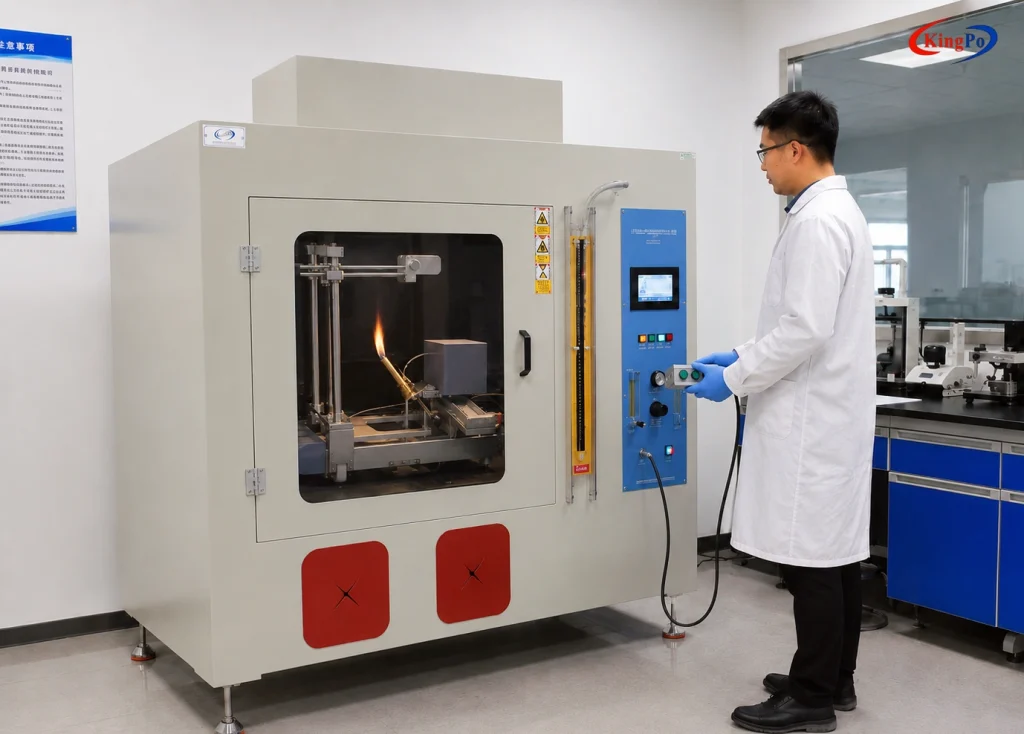 Chinese male technician operating an IEC 60695-11-3 500W flame tester in a laboratory with handheld remote controller