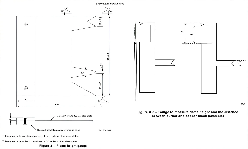 IEC 60695 flame height and burner distance gauge drawing for 50W and 500W test flame calibration