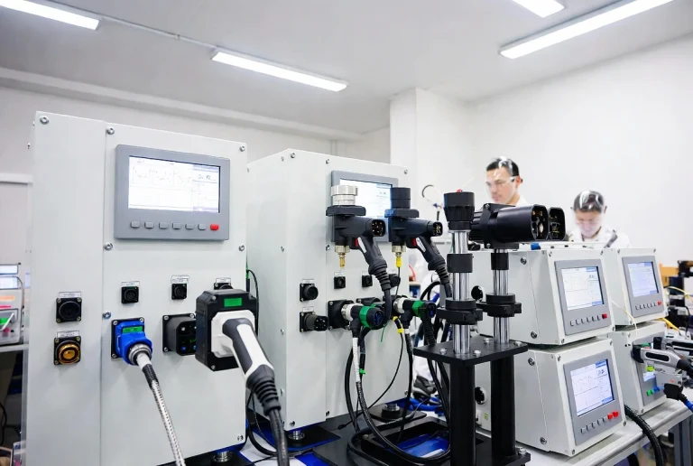 Modern professional laboratory with EV charging connector testing equipment under high-current conditions.