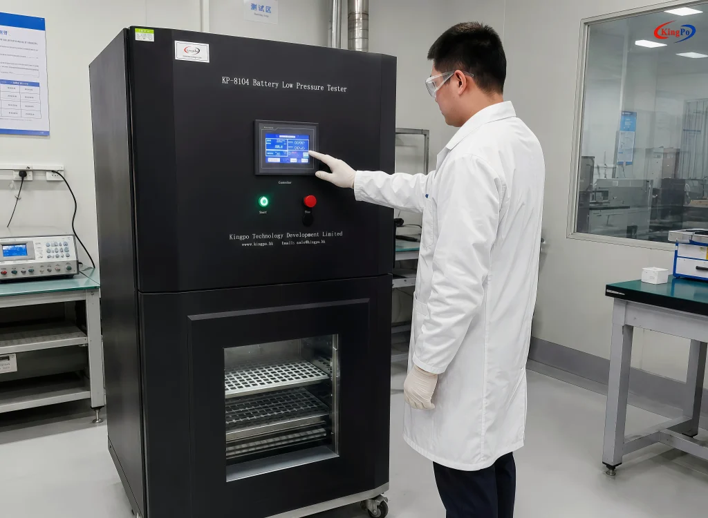 Chinese male laboratory technician operating IEC62133 Clause 7.3.7 lithium battery low pressure chamber for high altitude simulation testing