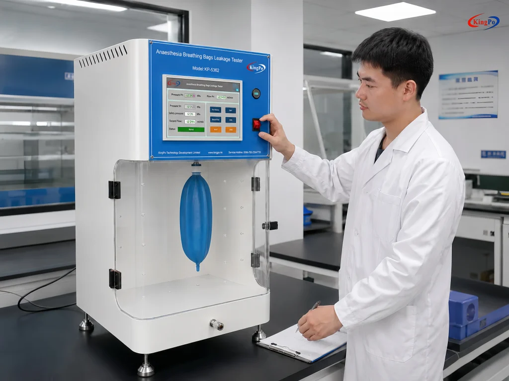ISO 5362 Anaesthetic Breathing Bags Leakage Equipment USB Data Export and Test Results Screen โ KP-1543A