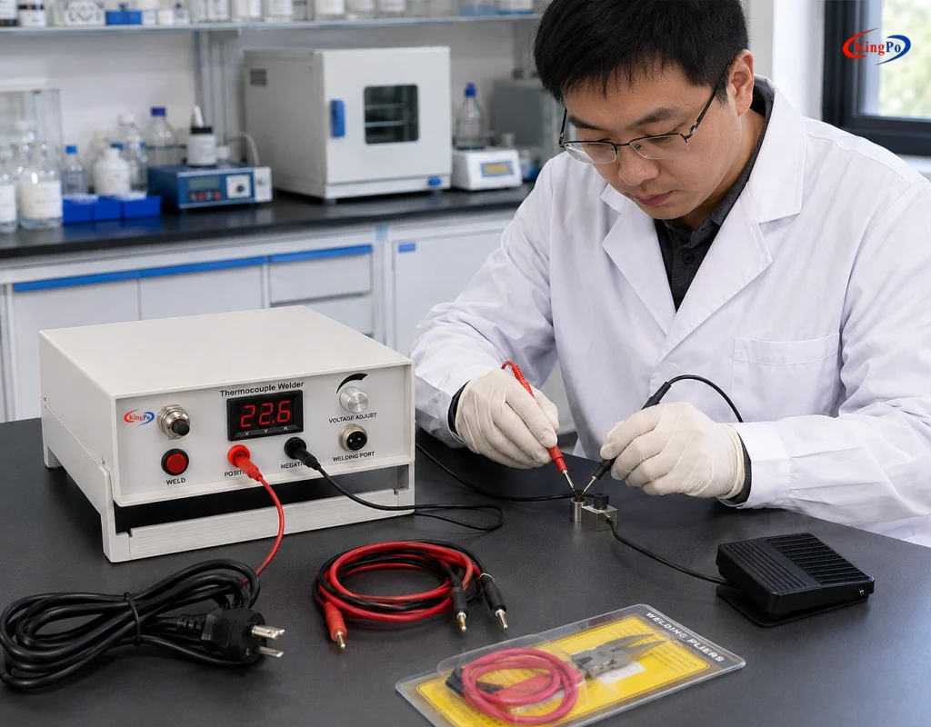 Technician operating Thermocouple Wire Welder