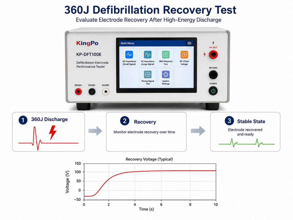360J defibrillation recovery test for disposable defibrillation electrode pads using KINGPO KP-DFT100E under IEC 60601-2-4 related conditions