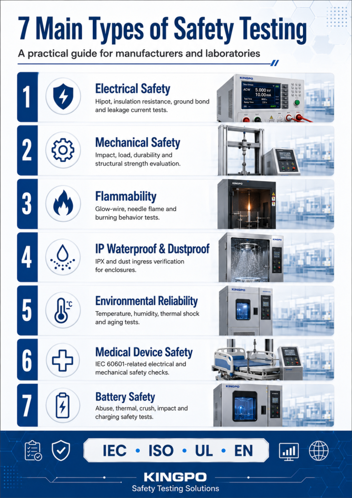 What Is Safety Testing? Types, Standards, Equipment and Applications 2 7 main types of safety testing including electrical safety mechanical safety flammability IP waterproof environmental reliability medical device safety and battery safety