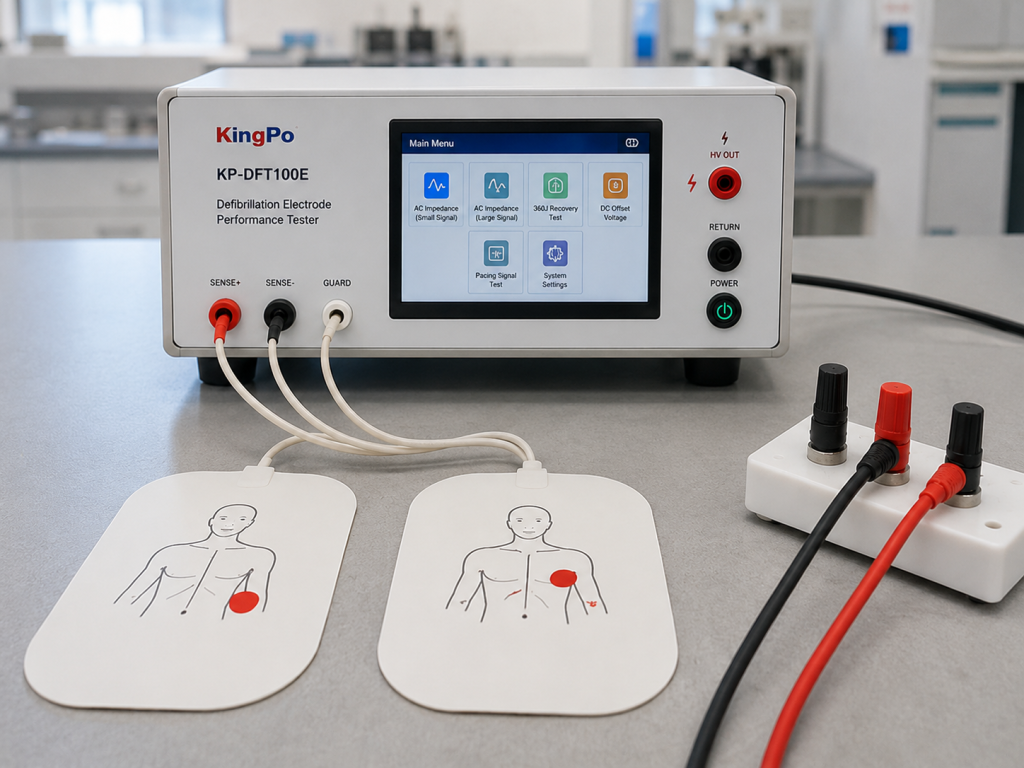 Disposable defibrillation electrode pad connection test using KINGPO KP-DFT100E for IEC 60601-2-4 related impedance and recovery evaluation