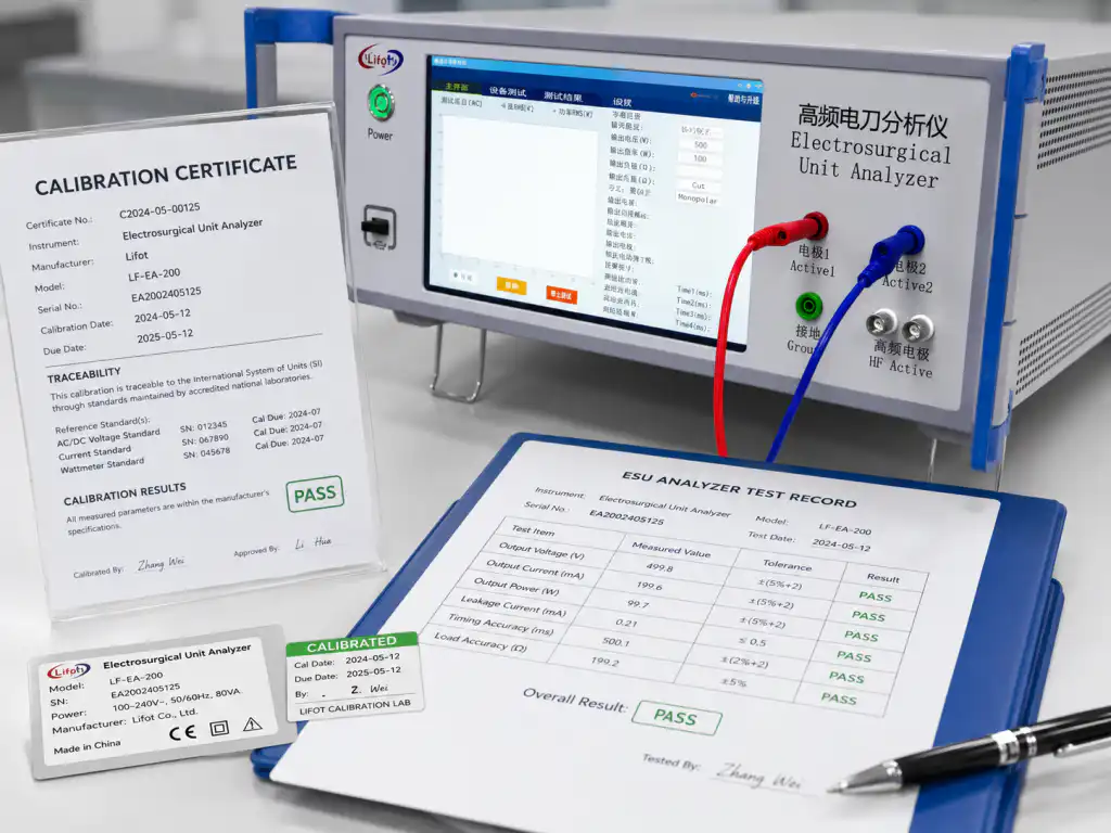 Why Annual Calibration of an ESU Analyzer Is Important for Electrosurgical Unit Safety Testing 3 ESU analyzer connected to an electrosurgical unit for output power testing