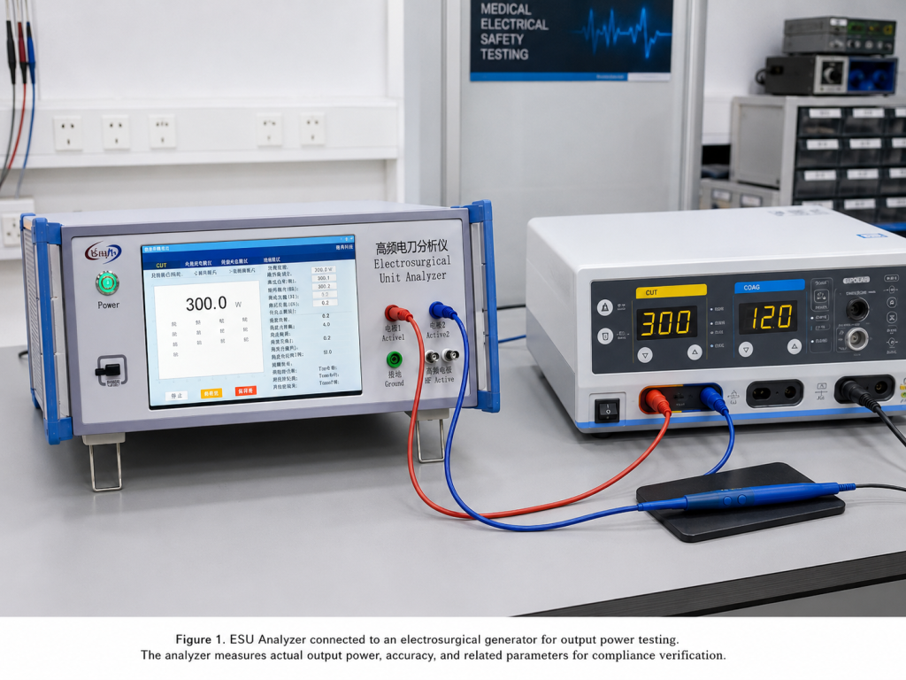 Why Annual Calibration of an ESU Analyzer Is Important for Electrosurgical Unit Safety Testing 2 ESU analyzer connected to an electrosurgical unit for output power testing