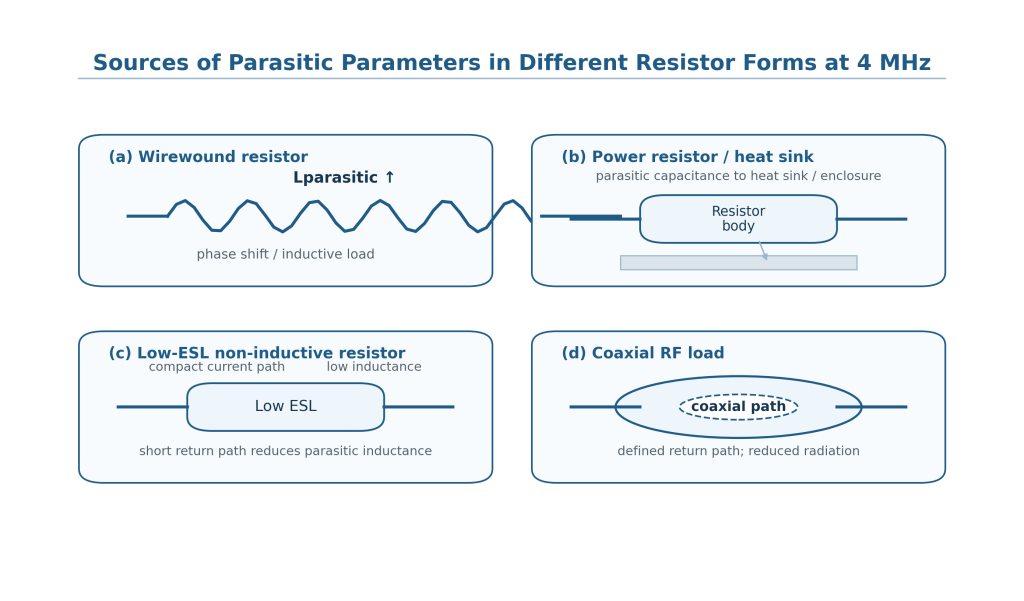 Effect of High-Frequency Non-Ideality of Rated Load Resistance and Radiation Coupling on Output Power Test Accuracy of 4 MHz Electrosurgical Units 4 Parasitic parameters in resistor types
