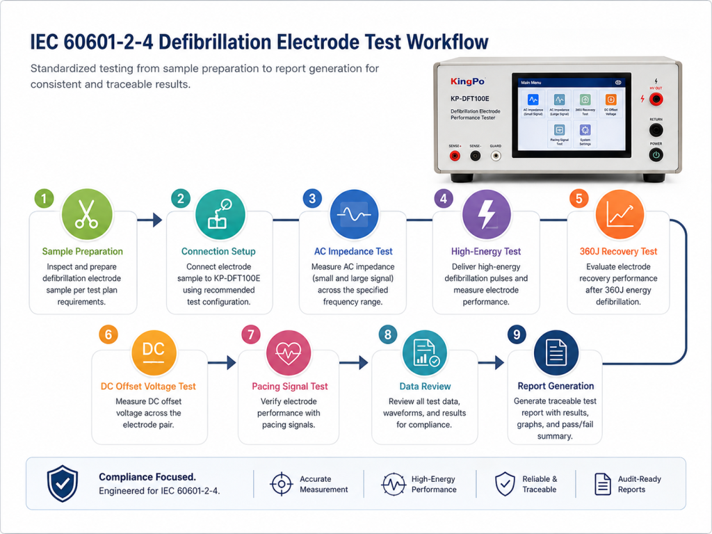 IEC 60601-2-4 defibrillation electrode test workflow using KINGPO KP-DFT100E for sample preparation, connection, impedance testing, 360J recovery and report generation