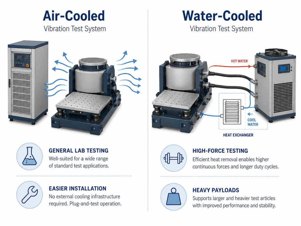 Air-cooled and water-cooled vibration test system comparison for general lab testing, high-force testing and heavy payload applications
