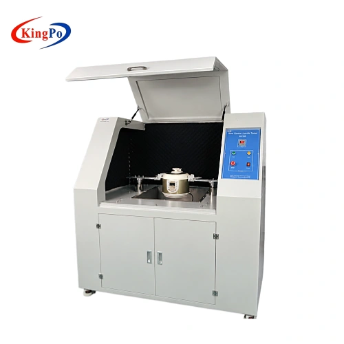 Loaded slow cooker sample fixed inside the KP-DH22 handle strength tester for UL 1026 related testing