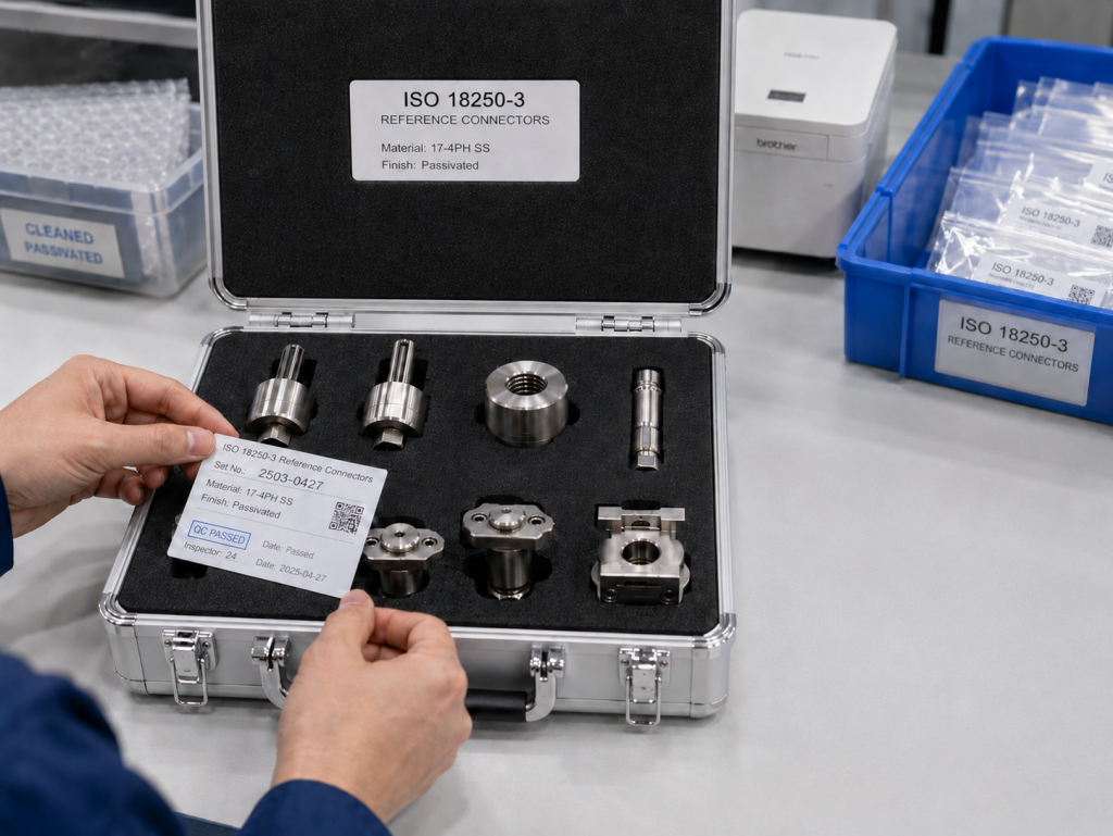 ISO 18250-3 Reference Connectors packed in a silver carrying case with identification card for medical device connector testing traceability.