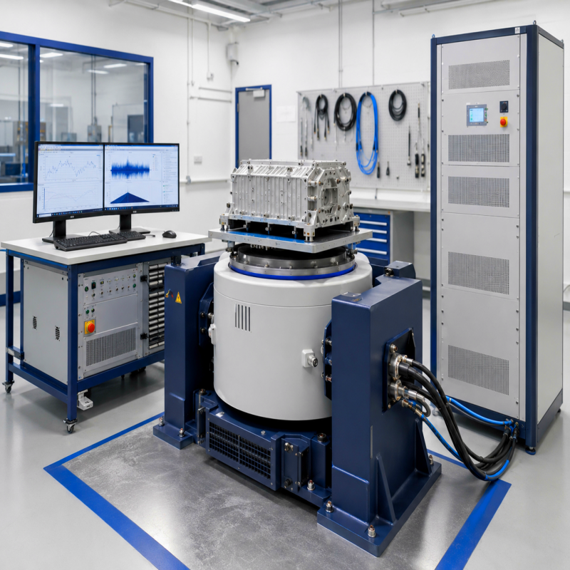 Electrodynamic vibration test system with shaker, controller, amplifier cabinet and mounted fixture in a reliability testing laboratory