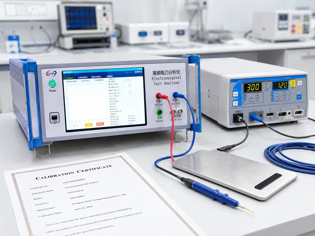 Why Annual Calibration of an ESU Analyzer Is Important for Electrosurgical Unit Safety Testing 1 Electrosurgical unit analyzer setup for ESU performance testing, measurement and calibration verification.