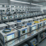 Electrosurgical unit analyzer used for high-frequency electrosurgical device testing in a laboratory with multiple calibration instruments and measurement stations.