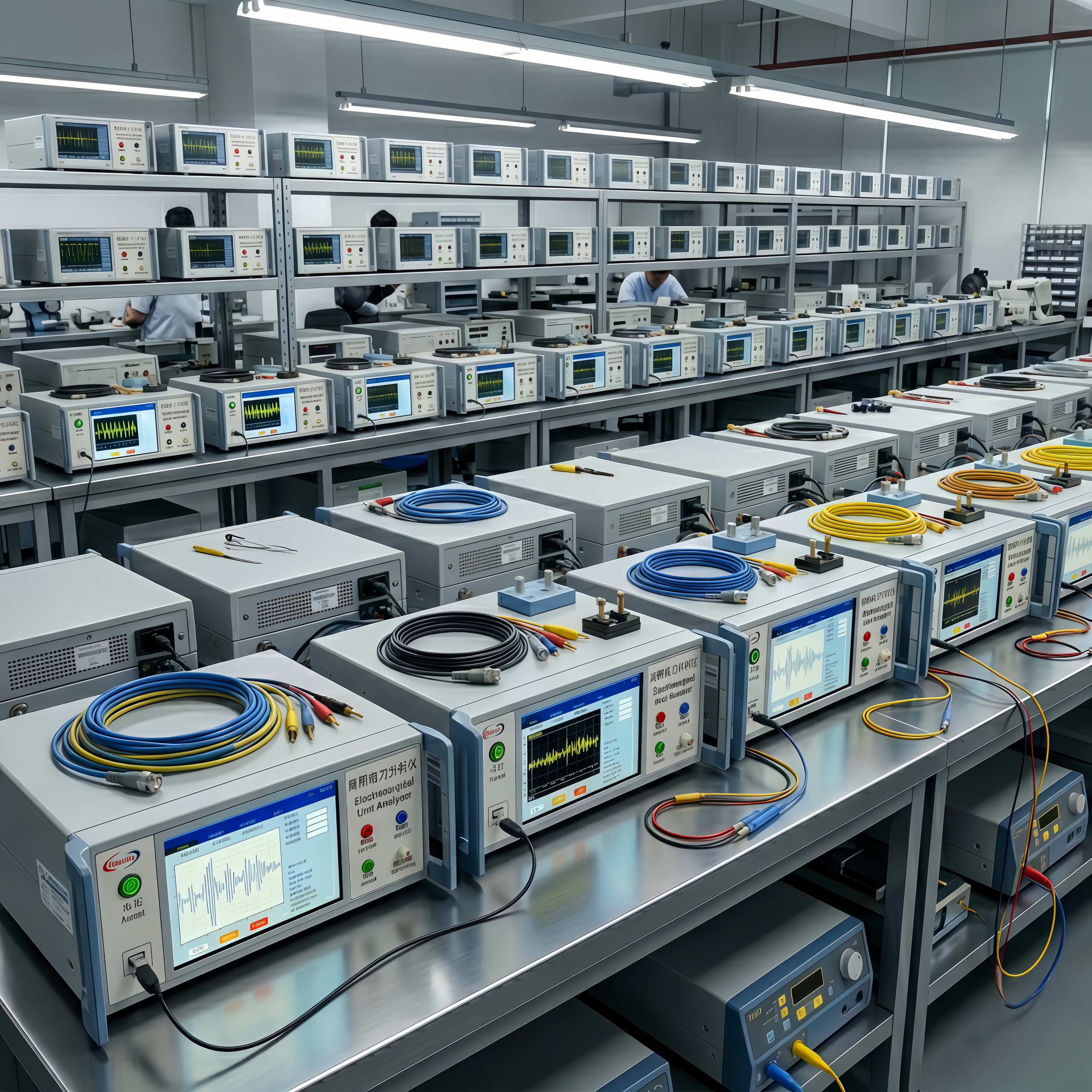 Electrosurgical unit analyzer used for high-frequency electrosurgical device testing in a laboratory with multiple calibration instruments and measurement stations.