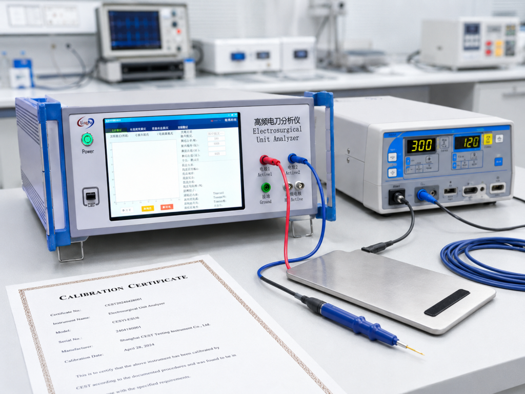 Why Annual Calibration of an ESU Analyzer Is Important for Electrosurgical Unit Safety Testing 1 ESU analyzer annual calibration for electrosurgical unit safety testing in a medical electrical laboratory