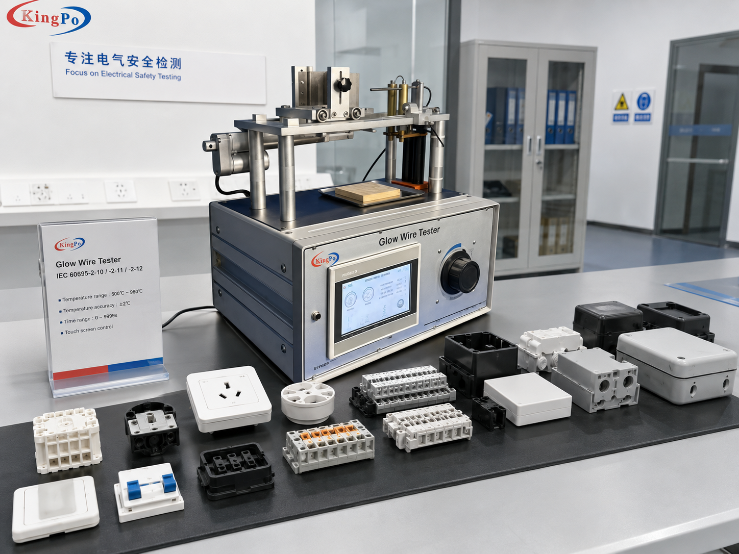 Glow wire contact test on a plastic specimen for IEC 60695 flammability evaluation
