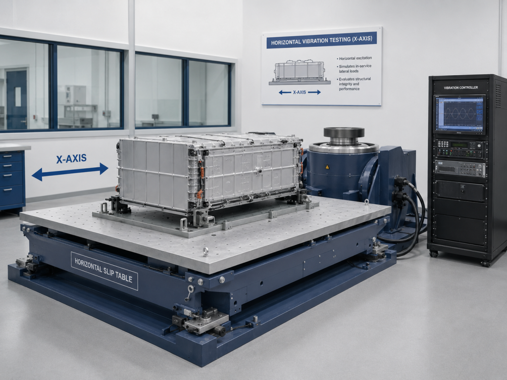 Horizontal slip table vibration test system for X-axis testing of a battery module with vibration controller and shaker