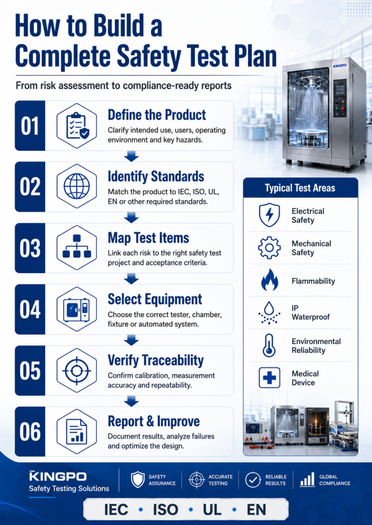 What Is Safety Testing? Types, Standards, Equipment and Applications 3 How to build a complete safety test plan from product definition and standards identification to equipment selection traceability reporting and improvement