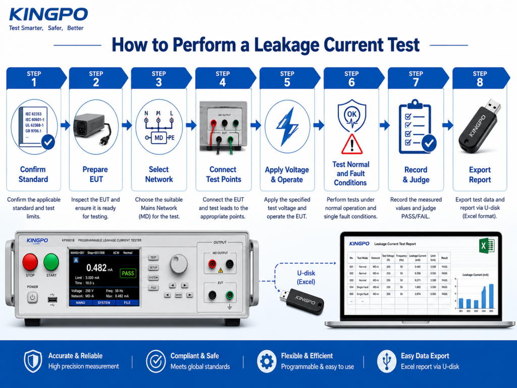 How to perform a leakage current test with KINGPO programmable leakage current tester