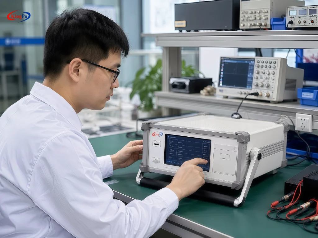 Engineer operating the IEC 60335-1 Hot Winding Resistance Meter for motor winding temperature rise testing in a laboratory.