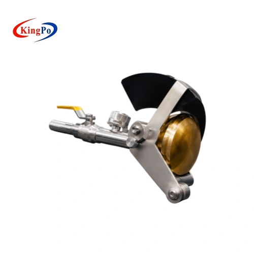Angled product view of the IEC 60529 IPX3 IPX4 handheld spray nozzle with brass spray head and moving shield for water ingress testing