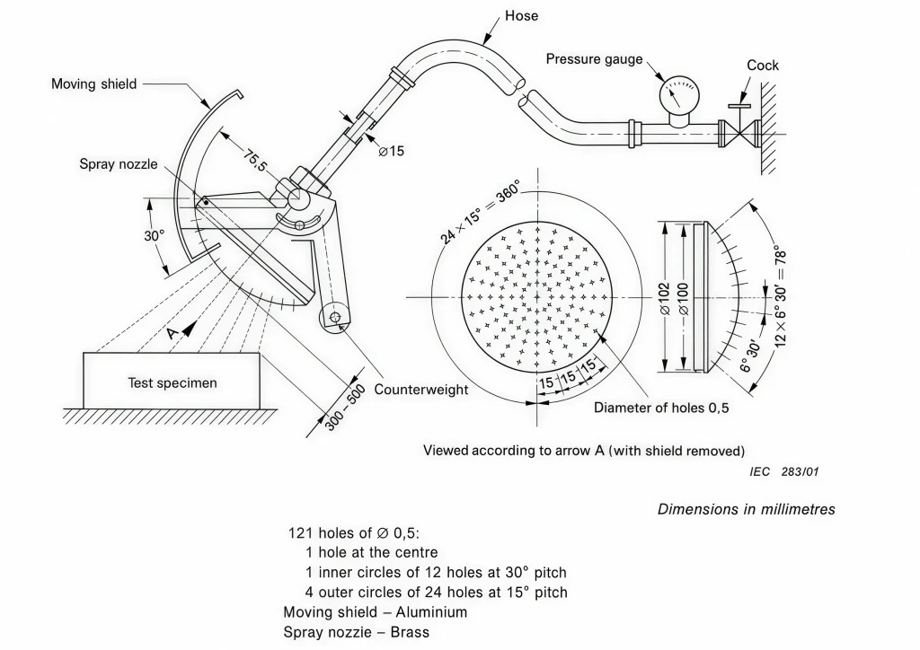 IEC 60529 IPX3 IPX4 water spray nozzle dimension drawing showing the handheld spray device, moving shield, hose connection and spray pattern for enclosure testing