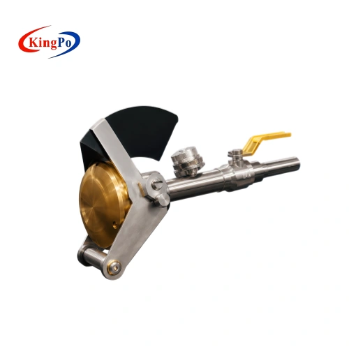 Opposite side view of the IEC 60529 IPX3 IPX4 water spray nozzle showing the brass spray head, aluminium moving shield and handheld structure for splashing water testing