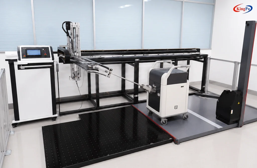 IEC 60601-1 ME Equipment Threshold and Rough Handling Test System in working state, performing horizontal pushing simulation on mobile medical equipment in a laboratory test setup.